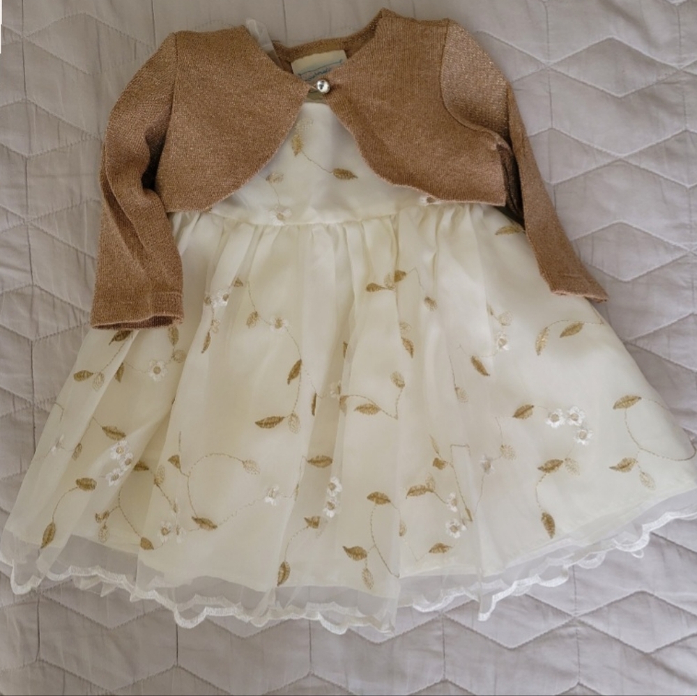 Marmellata 3 Pcs Set Off White/Gold & White Embroidery Dress w/Lining Size 6-9M